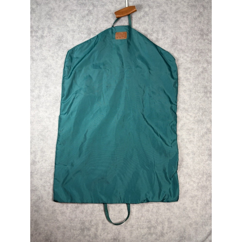 Vintage L.L. Bean Nylon Garment Bag Foldable Suit Carrier Green Leather Travel
